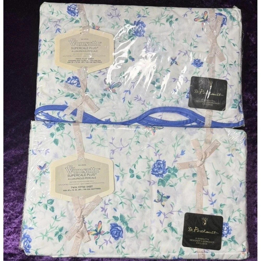 Wamsutta D Porthault Sheet Set TWIN Pompadour Blue Floral Vtg Sheets Butterfly